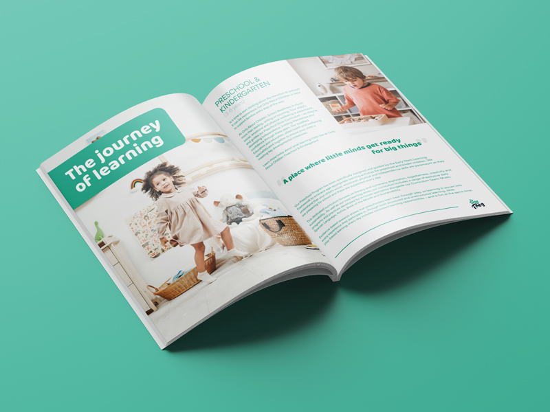 Double page spread of a prospectus design for Tiny Toes daycare branding project