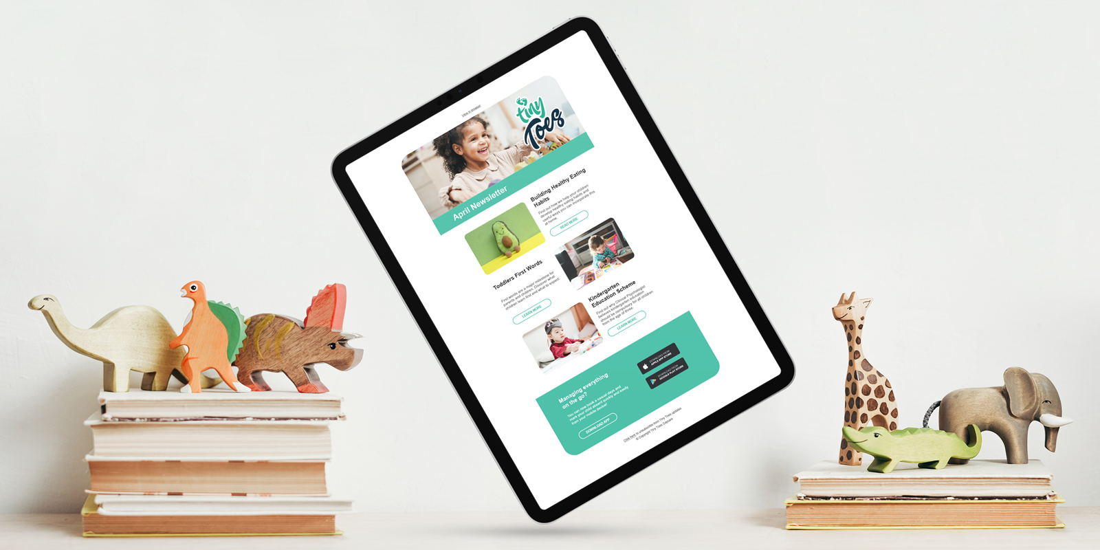 visual of marketing e-mail for Tiny Toes Daycare featuring toys and books either side