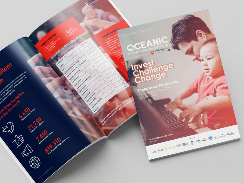 Oceanic Palliative Care conference prospectus front cover and double page spread