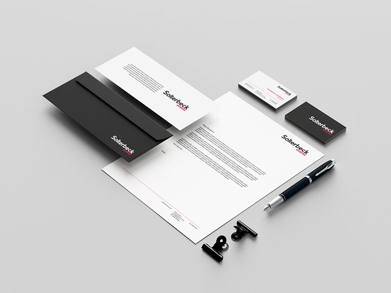 Solterbeck Events branded stationery including letterhead, business card and envelope design