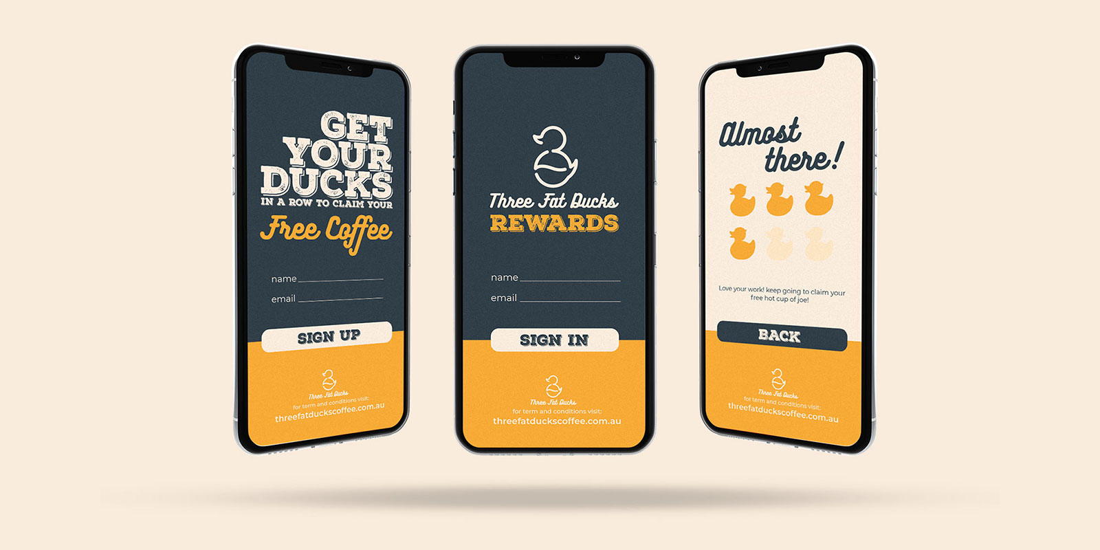 Three Fat Ducks rewards app screen mockups
