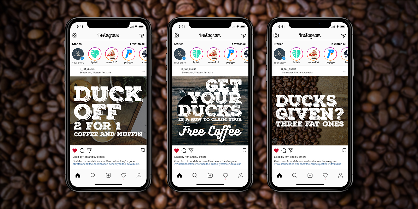 Three Fat Ducks social media post mockups