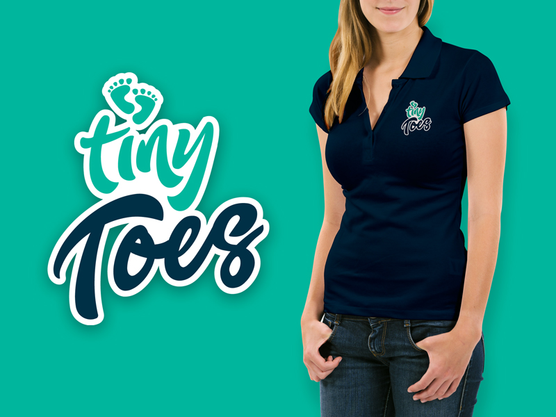 Uniform design for Tiny Toes Daycare featuring a woman wearing a dark blue polo shirt with logo